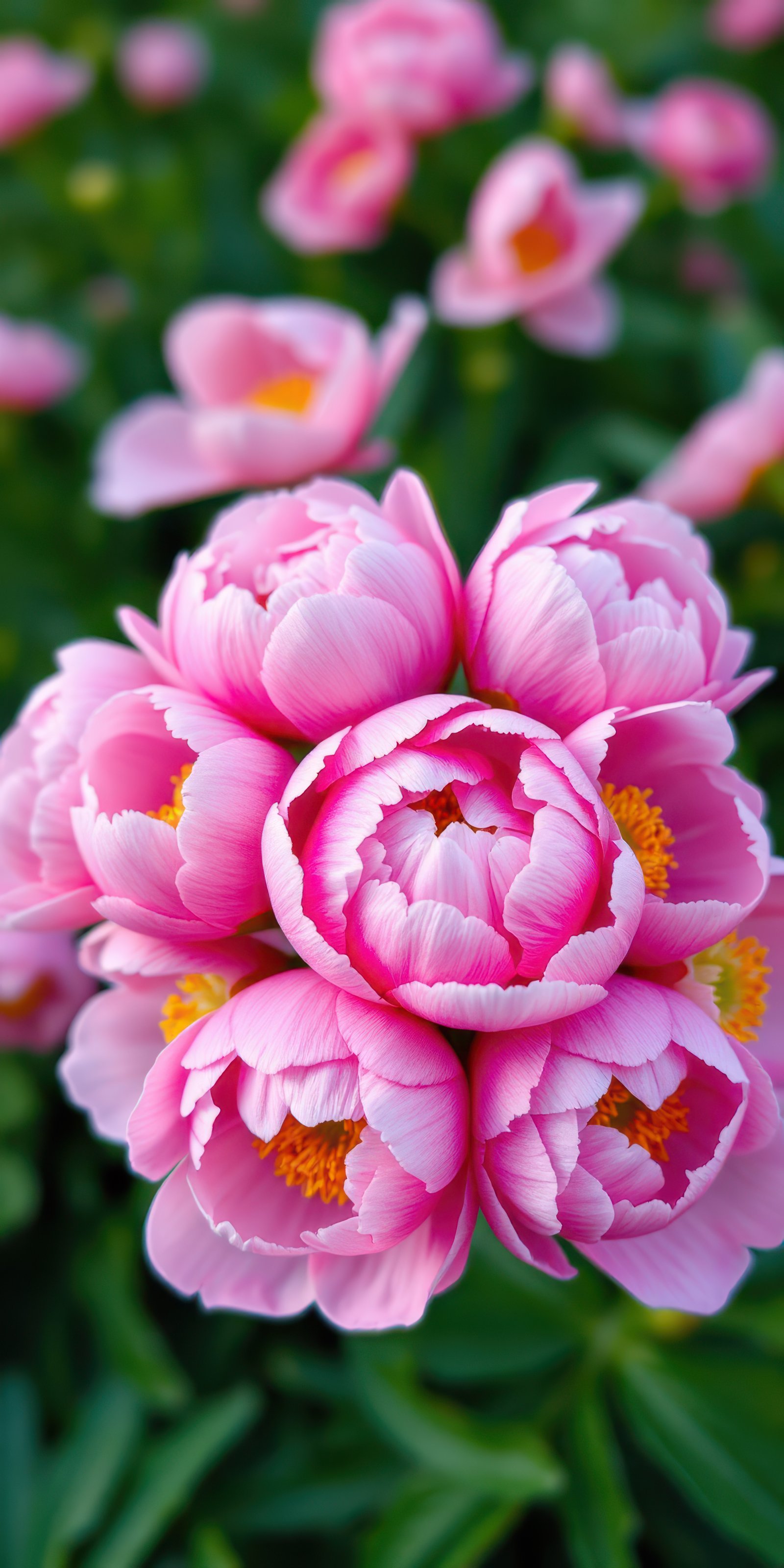 Pink peonies bloom vividly in a garden under bright sunlight during springtime